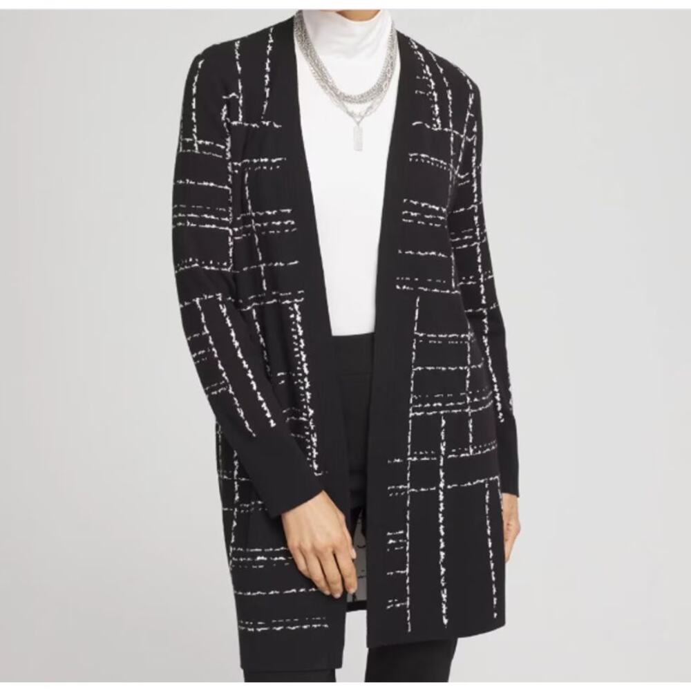 Chico's Black & White Checkered Cardigan Womens Size 1 Medium Windowpane